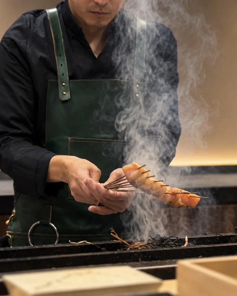 Chef holding yakitori skewers over binchotan smoke
