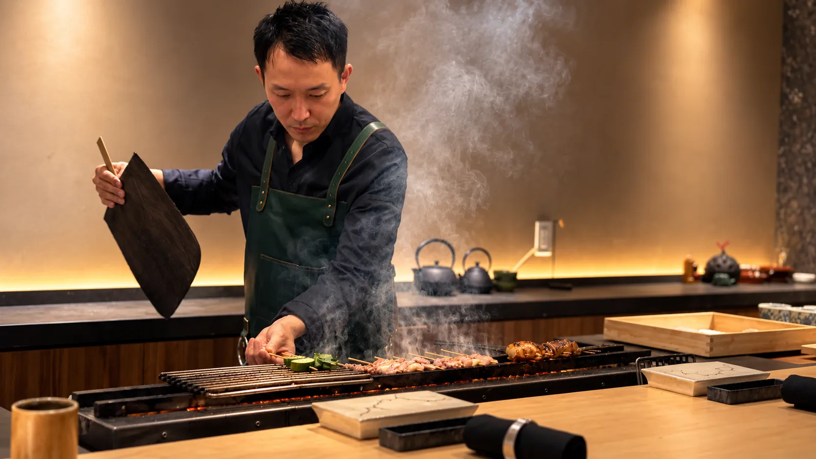 Chef tending yakitori skewers over charcoal