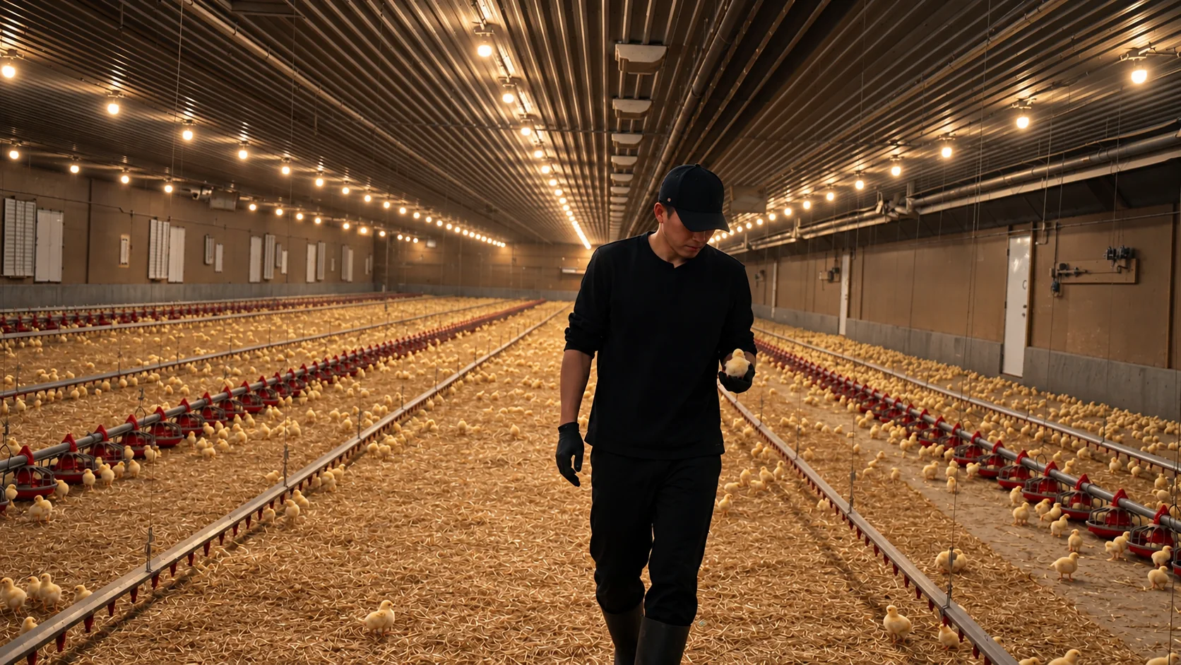 Farmer walking through a heritage chicken farm