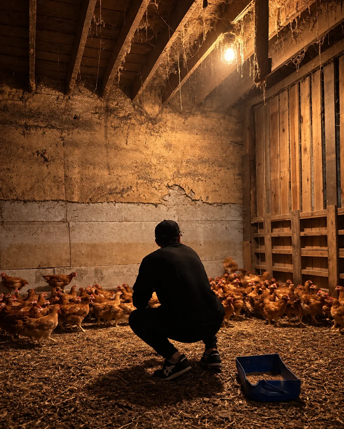 Farmer crouching among free-range heritage chickens